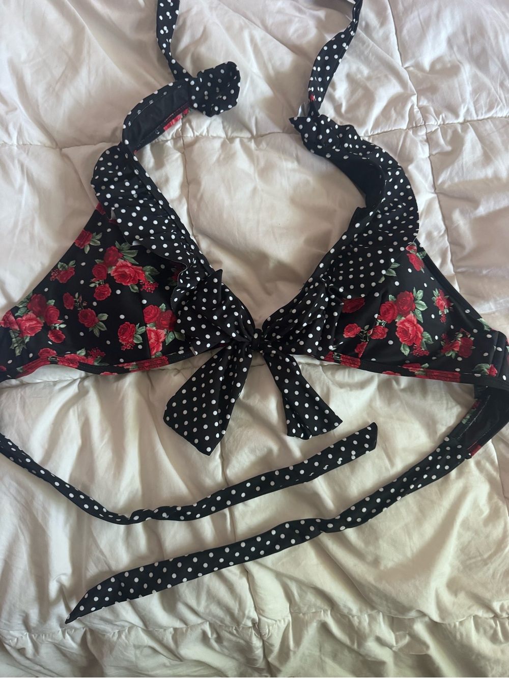 Hot Topic Black Bikini Top with Red Rose & White Polka Dot Accents